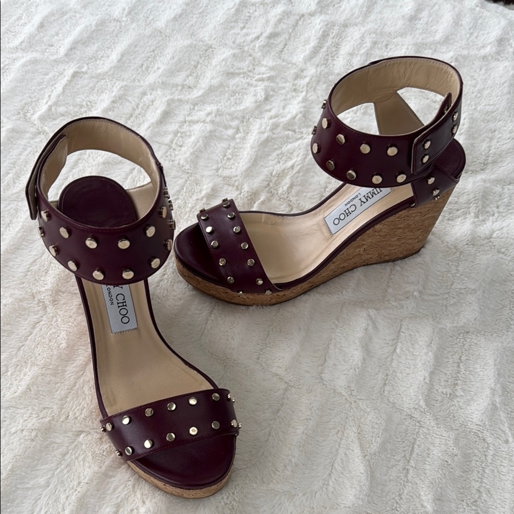 Jimmy Choo Nelly red Wedge Sandals, cork heel gold stubs detail , 38.5